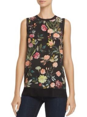 Theory Silk Floral Print Lewie Tank Top Ribbed Mesh Trim Black/Multi Botanical